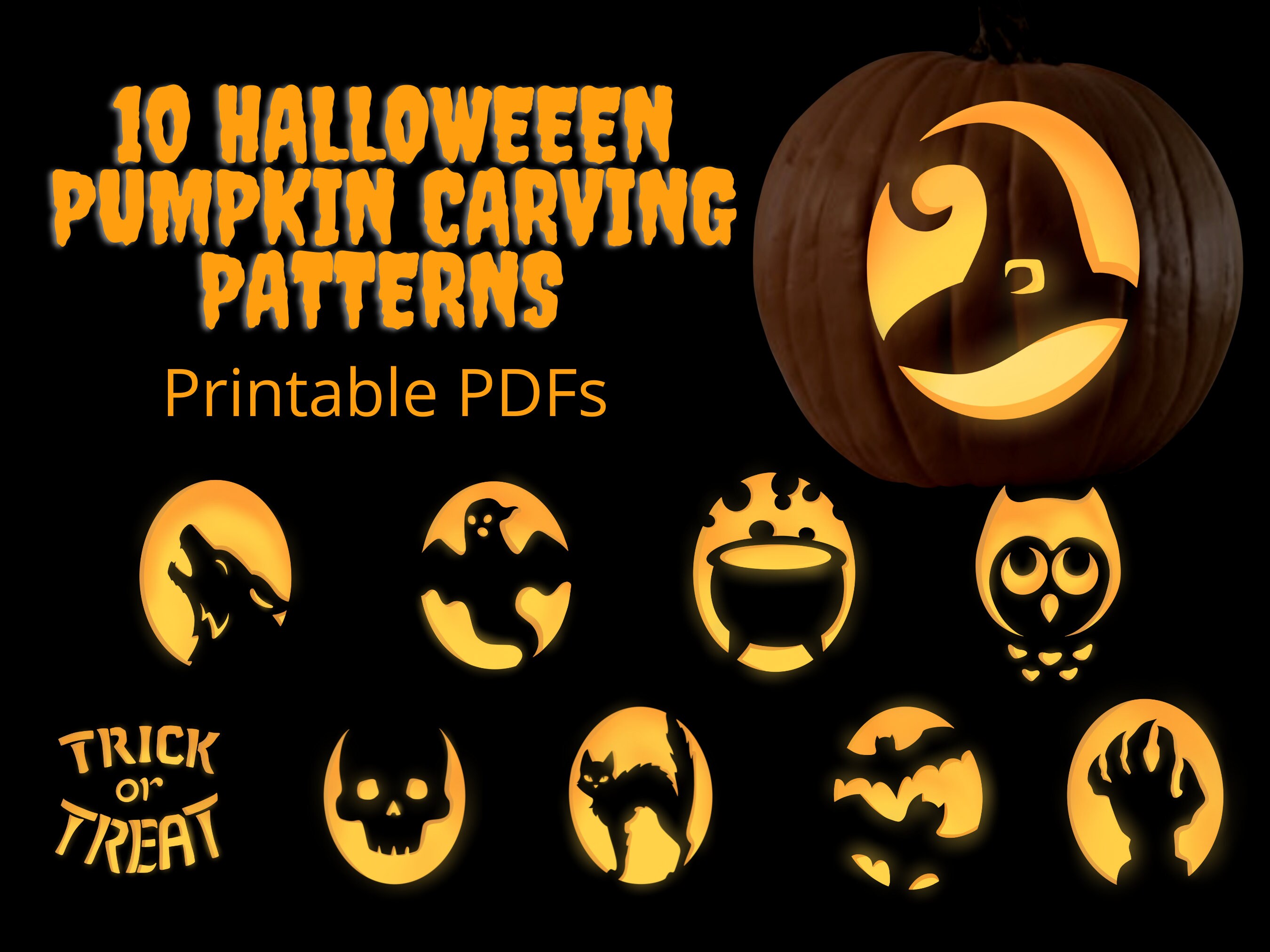 Halloween-themed Pumpkin Carving Stencils 10 Unique Hand-drawn Jack O ...