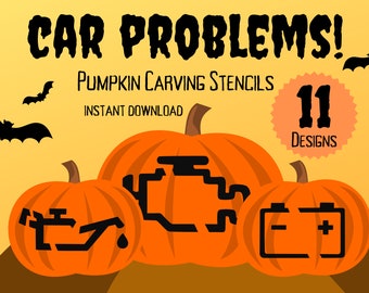 Estênceis de escultura de abóbora para problemas com carros | 11 padrões exclusivos de escultura de abóbora de Halloween com luzes de advertência para carros