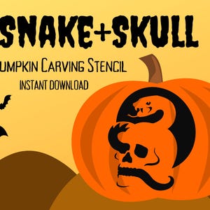 May include: Pumpkin carving stencil featuring a snake wrapped around a skull with a mustache. The stencil is on a yellow background with black bats flying around it. The text "SNAKE+SKULL PUMPKIN CARVING STENCIL INSTANT DOWNLOAD" is at the top of the image.