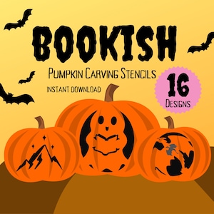 Peut inclure: Un graphique numérique avec le texte BOOKISH PUMPKIN CARVING STENCILS INSTANT DOWNLOAD et 16 DESIGNS. Trois citrouilles orange sont présentées, chacune avec un motif de pochoir noir unique incluant une montagne, un fantôme et un dragon.
