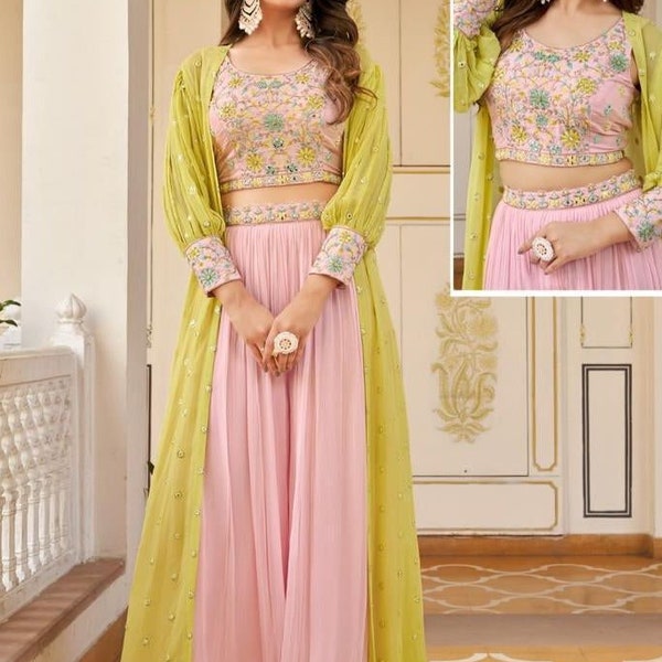 Pink and Green Croptop Lehenga with Coat