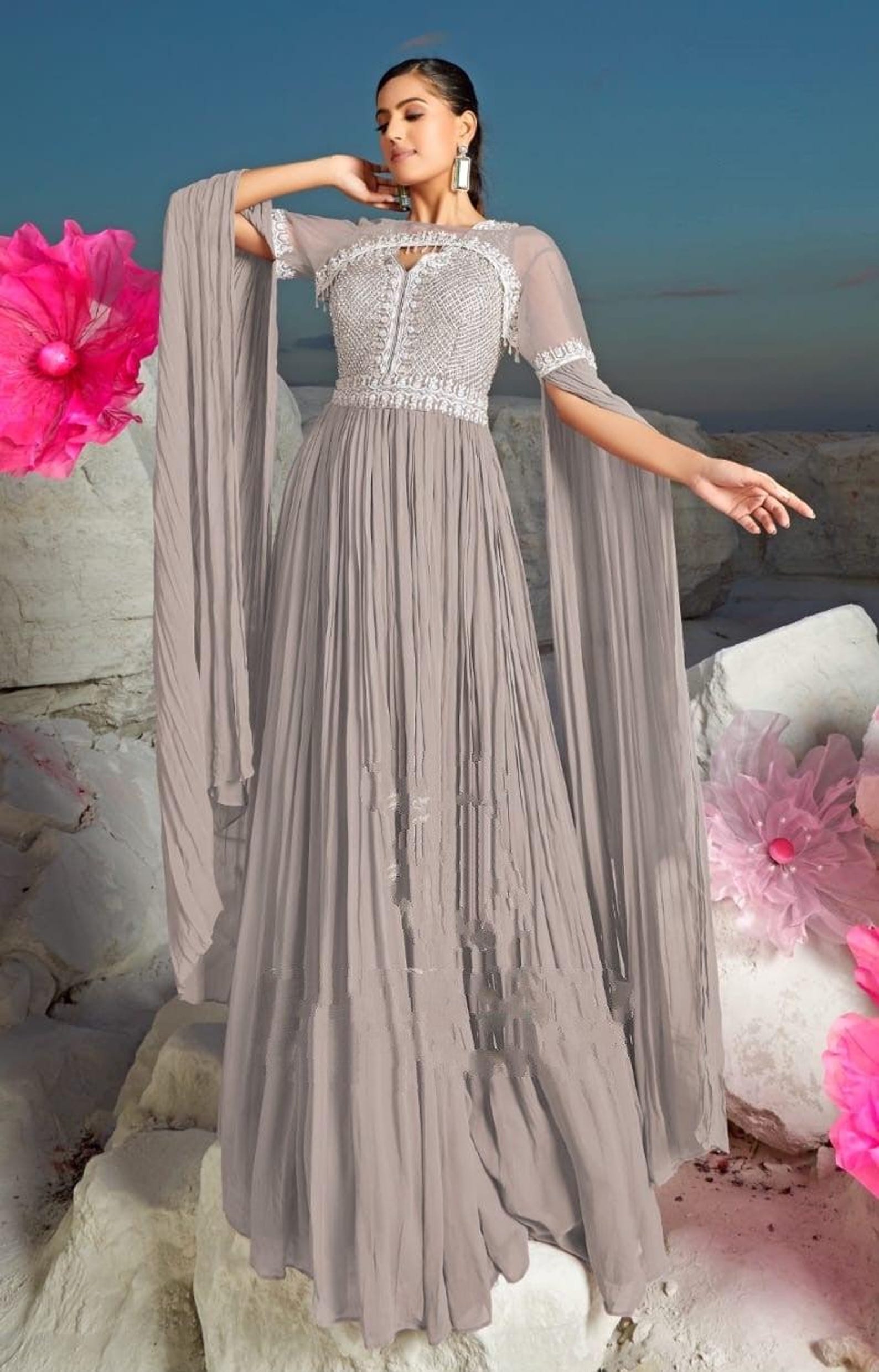 Butterfly Sleeve Chiffon Gown Wine Red