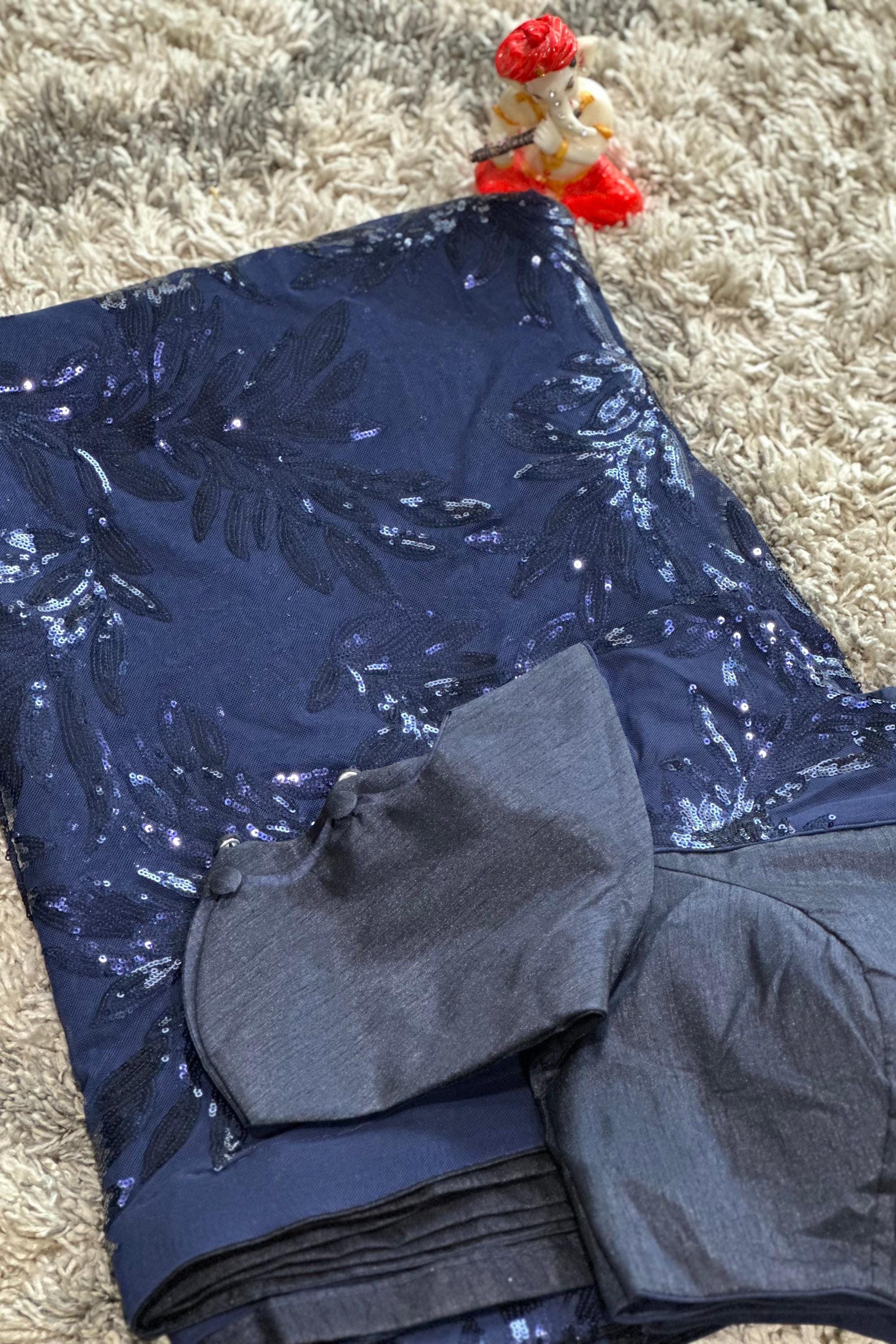 Navy Blue Snow Light Stitched Sari main image 1