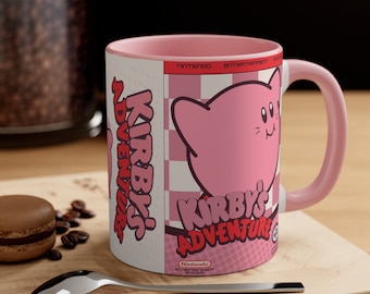 Kirbys Adventure NES 8 bit caja de juego cubierta famicom Accent taza de café, 11oz rosa