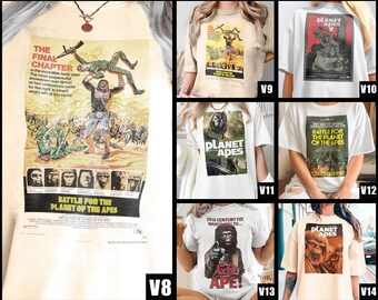 May include: White t-shirts featuring graphics from the "Planet of the Apes" film series. Designs include movie posters and character portraits. The shirts have short sleeves and a crew neck.