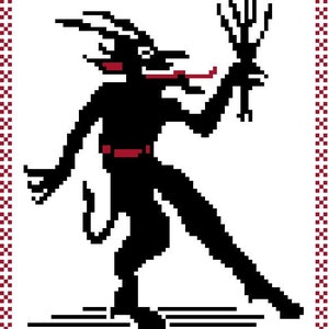 May include: A black silhouette of a devil with a pitchfork, standing on a white background with a red border.