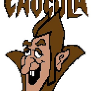 May include: Pixelated cartoon image of Count Chocula, a vampire character with brown hair, a large nose, and a wide, toothy grin. The text "COUNT CHOCULA" is above the character's head in brown pixelated letters.
