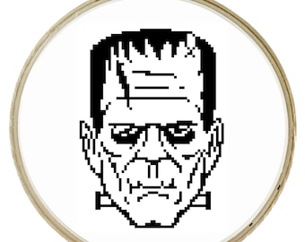 Puede incluir: Ilustración de píxeles en blanco y negro del monstruo de Frankenstein. El monstruo lleva gafas y tiene una expresión seria.
