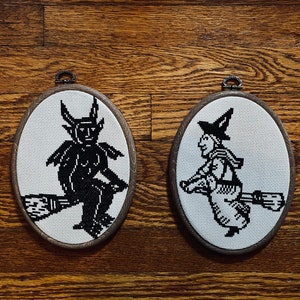 Woodcut Occult Demon & Witch Riding on Broom Cross Stitch Pattern PDF