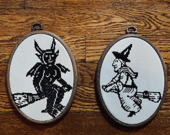 Woodcut Occult Demon & Witch Riding on Broom Cross Stitch Pattern PDF