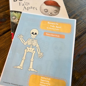 May include: A blue and yellow printable activity guide for the children's book "Bonaparte Falls Apart" by Margery Cuyler. The guide includes activities such as spelling craft, sequencing, writing activity, character traits, and cause and effect.