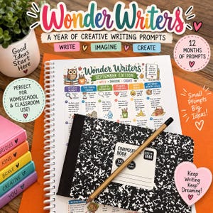 May include: A spiral-bound Wonder Writers September Edition creative writing prompt workbook, a black and white composition book, and a wooden pencil. The workbook features a calendar of daily writing prompts, colorful icons, and text including Write, Imagine, Create.