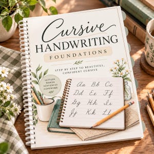 May include: A spiral-bound workbook titled Cursive Handwriting Foundations with a sub-heading Step by Step to Beautiful, Confident Cursive. The cover features illustrations of daisies, a pencil cup, and a smaller spiral notebook showing cursive letters A through L.