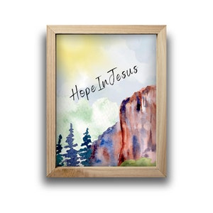 Arte cristiano simple, escena de paisaje de montaña de acuarela imprimible, arte de pared de cita bíblica, decoración del hogar cristiano, decoración estética de la habitación, regalo