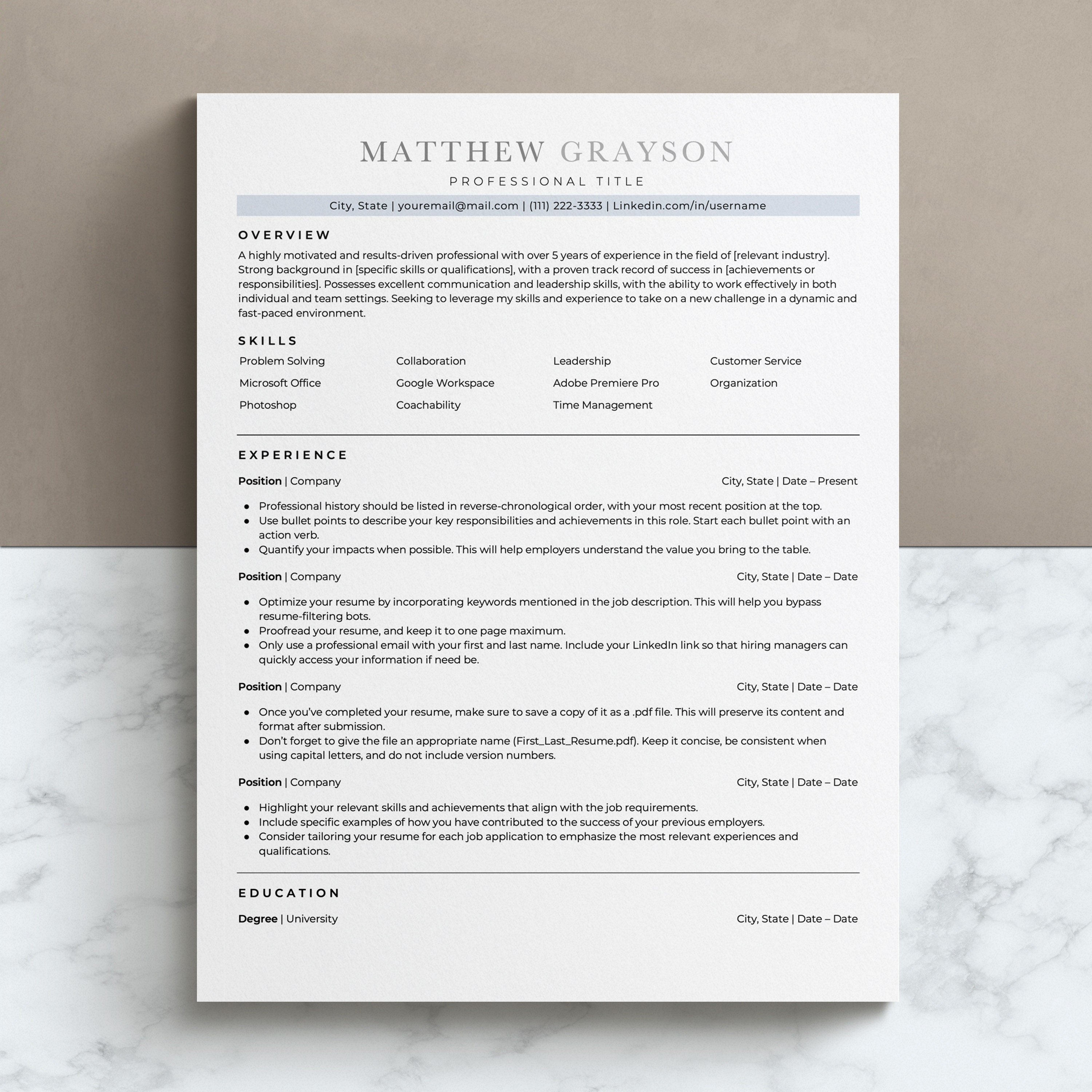 Modern Minimal Resume Template for Word Google Docs Pages - Etsy