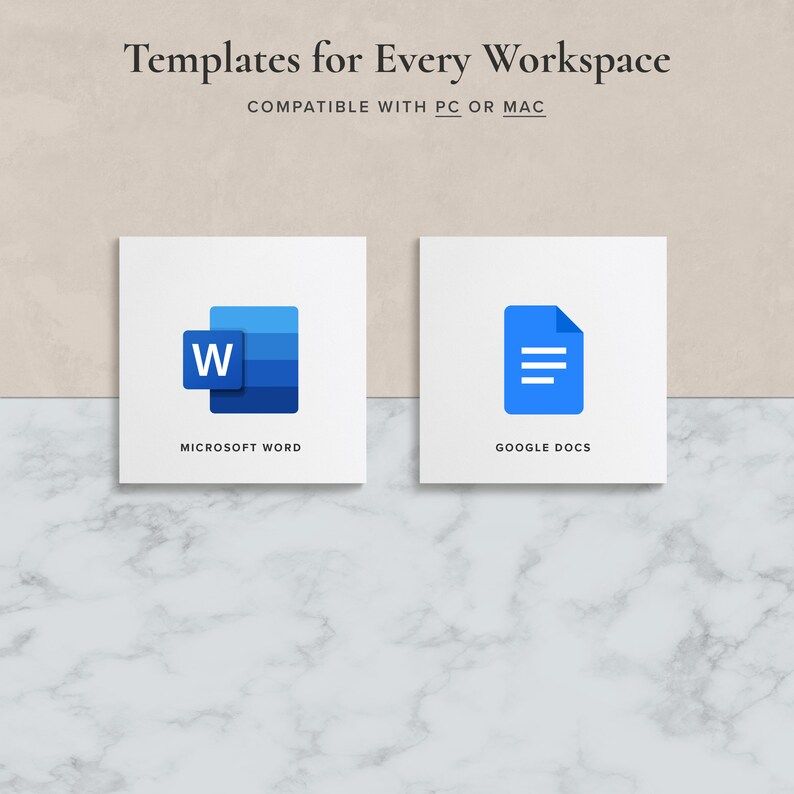 Może przedstawiać: Dwa białe kwadraty z niebieskimi ikonami i tekstem. Lewy kwadrat zawiera niebieską ikonę logo Microsoft Word i tekst "MICROSOFT WORD". Prawy kwadrat zawiera niebieską ikonę dokumentu z trzema liniami i tekst "GOOGLE DOCS".