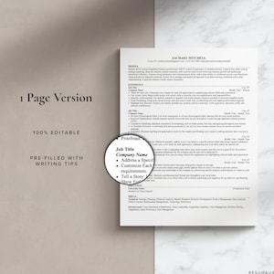 May include: A resume template with a pre-filled example of a resume for Zachary Mitchell. The template includes sections for profile, experience, education, skills, and a section for writing tips. The template is 100% editable.