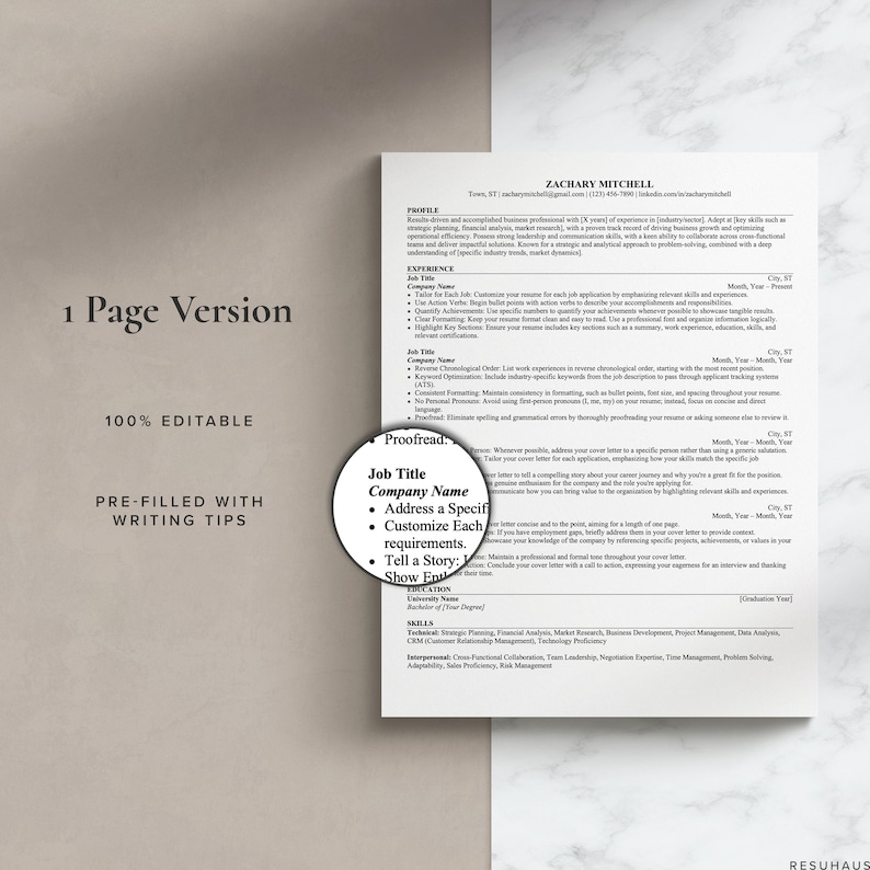 May include: A resume template with a pre-filled example of a resume for Zachary Mitchell. The template includes sections for profile, experience, education, skills, and a section for writing tips. The template is 100% editable.