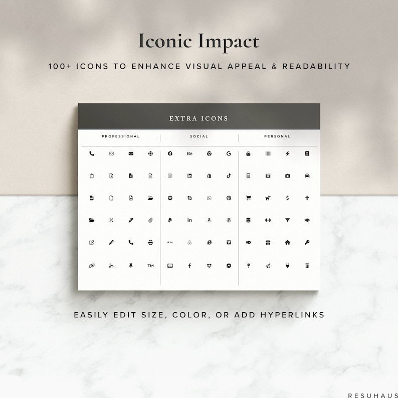 May include: A black and white image showing a grid of 100+ icons divided into three categories: Professional, Social, and Personal. The text "Iconic Impact" and "100+ ICONS TO ENHANCE VISUAL APPEAL & READABILITY" is at the top of the image. The text "EXTRA ICONS" is at the top of the grid. The text "EASILY EDIT SIZE, COLOR, OR ADD HYPERLINKS" is at the bottom of the image.