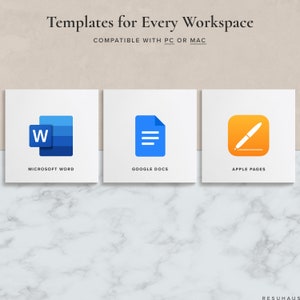 Pu&ograve; includere: Tre quadrati bianchi con icone blu, grigie e arancioni che rappresentano Microsoft Word, Google Docs e Apple Pages. Il testo sotto ogni icona dice "Microsoft Word", "Google Docs" e "Apple Pages". Il testo nella parte superiore dell'immagine dice "Modelli per ogni spazio di lavoro" e "COMPATIBILE CON PC O MAC".