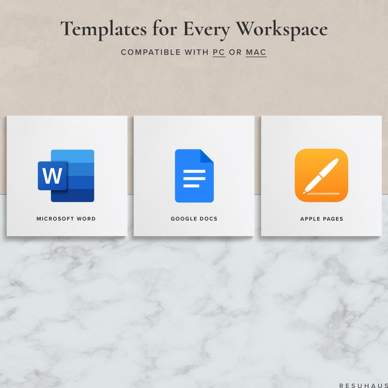 Pu&ograve; includere: Tre quadrati bianchi con icone blu, grigie e arancioni che rappresentano Microsoft Word, Google Docs e Apple Pages. Il testo sotto ogni icona dice "Microsoft Word", "Google Docs" e "Apple Pages". Il testo nella parte superiore dell'immagine dice "Modelli per ogni spazio di lavoro" e "COMPATIBILE CON PC O MAC".