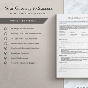May include: A checklist of features included with a resume template package. The checklist includes items such as 1 & 2 page resume templates, matching cover letter and references, US letter and A4 size documents, editing guide and writing guide ebooks, user-friendly download instructions, font files and extra icons, instant file download, and guaranteed customer support.