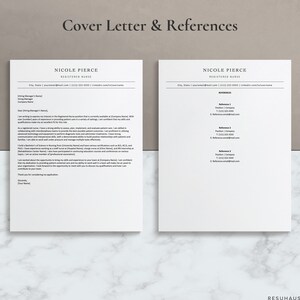 Op de afbeelding: Een zwart-witte sjabloon voor een sollicitatiebrief en referenties voor een geregistreerde verpleegkundige. De sjabloon bevat een sollicitatiebrief met een voorbeeldintroductie en een referentiegedeelte met een voorbeeldreferentie-invoer.