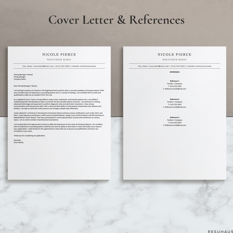 Op de afbeelding: Een zwart-witte sjabloon voor een sollicitatiebrief en referenties voor een geregistreerde verpleegkundige. De sjabloon bevat een sollicitatiebrief met een voorbeeldintroductie en een referentiegedeelte met een voorbeeldreferentie-invoer.