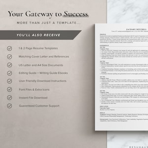 May include: A checklist of items included with a resume template package. The checklist includes 1 & 2 page resume templates, matching cover letter and references, US letter and A4 size documents, editing guide and writing guide ebooks, user friendly download instructions, font files and extra icons, instant file download, and guaranteed customer support.