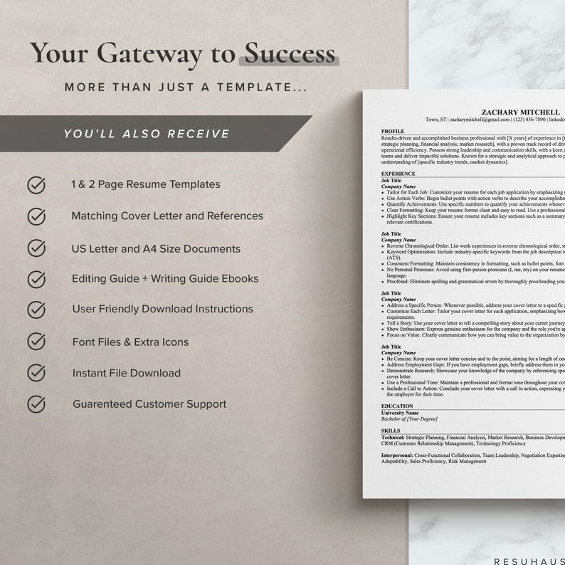 May include: A checklist of items included with a resume template package. The checklist includes 1 & 2 page resume templates, matching cover letter and references, US letter and A4 size documents, editing guide and writing guide ebooks, user friendly download instructions, font files and extra icons, instant file download, and guaranteed customer support.