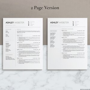 K&ouml;nnte beinhalten: Eine zweiseitige Lebenslaufvorlage in Schwarzwei&szlig;. Die Vorlage enth&auml;lt Abschnitte f&uuml;r Ausbildung, F&auml;higkeiten, Leistungen, berufliche Entwicklung und Erfahrung. Der Text "2 Page Version" befindet sich oben auf der Seite.