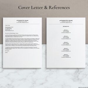 Pu&ograve; includere: Un modello di lettera di presentazione e referenze in bianco e nero con il nome Antoinette Chase, informazioni di contatto e una lettera di presentazione di esempio. La sezione delle referenze include un elenco di cinque referenze con i loro nomi, ruoli, aziende, numeri di telefono e indirizzi email.