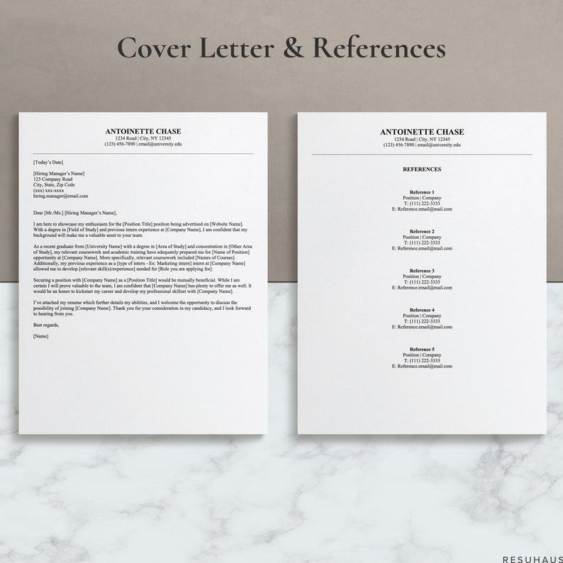 Pu&ograve; includere: Un modello di lettera di presentazione e referenze in bianco e nero con il nome Antoinette Chase, informazioni di contatto e una lettera di presentazione di esempio. La sezione delle referenze include un elenco di cinque referenze con i loro nomi, ruoli, aziende, numeri di telefono e indirizzi email.