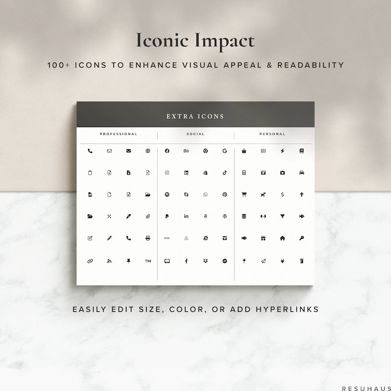 Pu&ograve; includere: Un'immagine in bianco e nero che mostra una griglia di oltre 100 icone divise in tre categorie: Professionale, Sociale e Personale. Il testo "Iconic Impact" e "100+ ICONS TO ENHANCE VISUAL APPEAL & READABILITY" &egrave; nella parte superiore dell'immagine. Il testo "EXTRA ICONS" &egrave; nella parte superiore della griglia. Il testo "EASILY EDIT SIZE, COLOR, OR ADD HYPERLINKS" &egrave; nella parte inferiore dell'immagine.