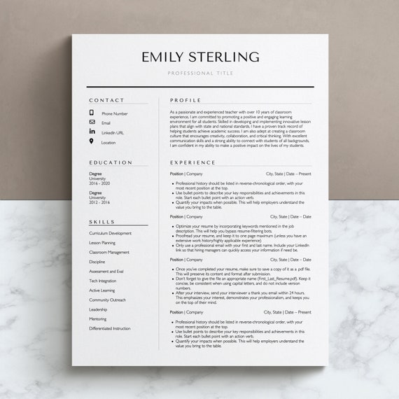 Teacher Resume Template for Word, Google Docs, Teacher Resume and Cover Letter, High School Resume, Substitute Teacher, Resume Teacher