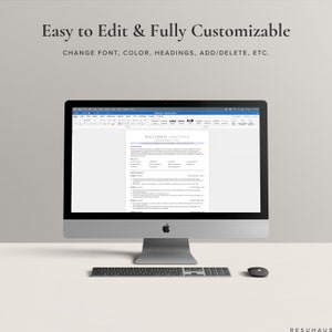 May include: A computer screen displaying a resume template in a word processing program. The resume is for Matthew Grayson and includes sections for overview, skills, experience, and education. The text "Easy to Edit & Fully Customizable" is displayed above the computer screen. The text "CHANGE FONT, COLOR, HEADINGS, ADD/DELETE, ETC." is displayed below the computer screen.