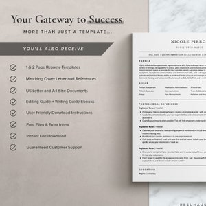 Op de afbeelding: Een checklist van items die zijn inbegrepen in een cv-sjabloon voor geregistreerde verpleegkundigen. De checklist omvat cv-sjablonen van 1 en 2 pagina's, een bijpassende sollicitatiebrief en referenties, US-letter en A4-documenten, een bewerkingsgids en een schrijfhandleiding als e-books, gebruiksvriendelijke downloadinstructies, lettertypebestanden en extra pictogrammen, directe download en gegarandeerde klantenservice.