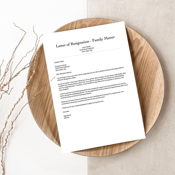 Resignation Letter | Letter of Resignation | Resignation Template | Two Weeks Notice | Printable | Editable Letter | Family Matter