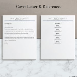 May include: A black and white cover letter and references template for a job application. The template includes a cover letter with a space for the applicant's name, professional title, contact information, and a space for a personalized message to the hiring manager. The references section includes a space for the applicant to list their references with their name, position, company, phone number, and email address.