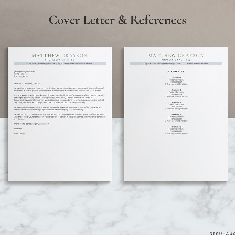 May include: A black and white cover letter and references template for a job application. The template includes a cover letter with a space for the applicant's name, professional title, contact information, and a space for a personalized message to the hiring manager. The references section includes a space for the applicant to list their references with their name, position, company, phone number, and email address.