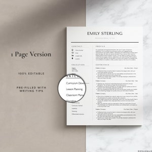 Może przedstawiać: Czarno-biały szablon CV z tytułem "Emily Sterling, Tytuł zawodowy". CV zawiera sekcje dotyczące informacji kontaktowych, profilu, wykształcenia, umiejętności i doświadczenia. Sekcja umiejętności zawiera rozw&oacute;j programu nauczania, planowanie lekcji, zarządzanie klasą, dyscyplinę, działalność w społeczności, przyw&oacute;dztwo, mentorowanie i zr&oacute;żnicowane nauczanie.