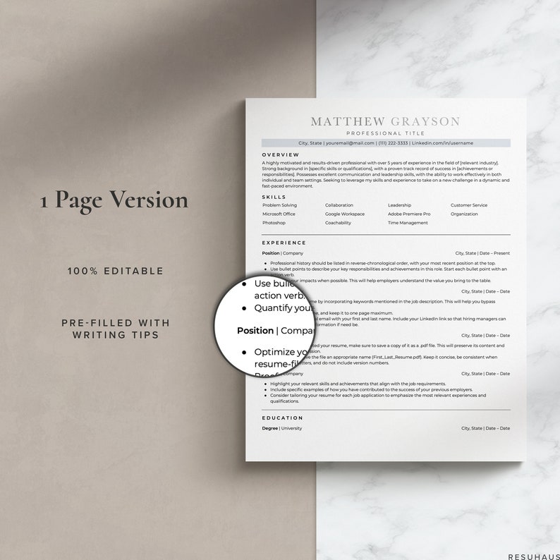 May include: A resume template with writing tips for job seekers. The template includes sections for overview, skills, experience, and education. The template is 100% editable and pre-filled with writing tips.