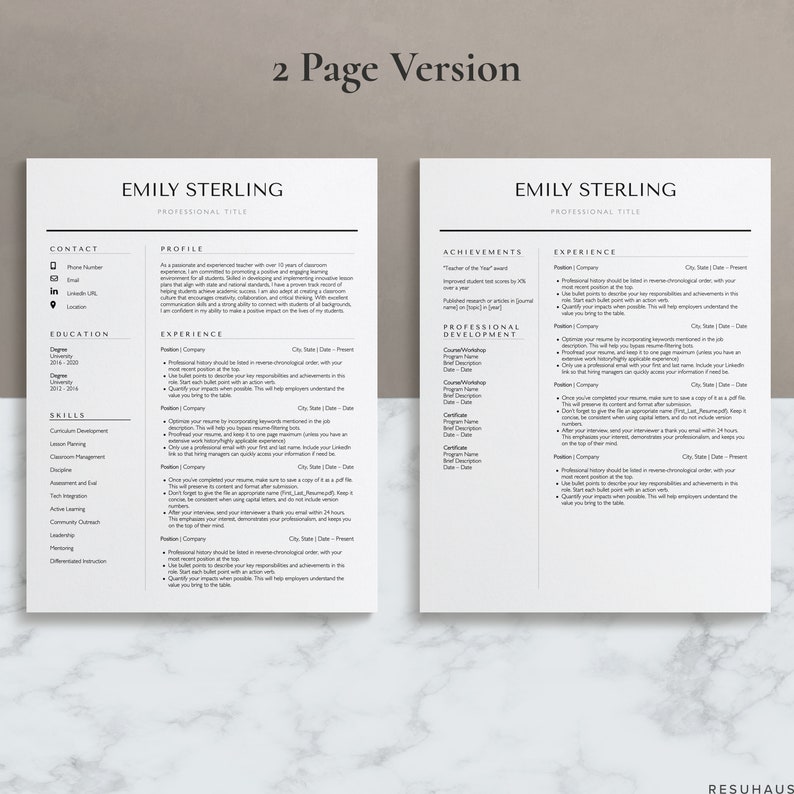 Może przedstawiać: Dwustronny szablon CV o minimalistycznym designie. CV jest dla Emily Sterling, kt&oacute;ra jest profesjonalistką z doświadczeniem w edukacji. CV zawiera sekcje dotyczące informacji kontaktowych, profilu, wykształcenia, umiejętności, doświadczenia zawodowego, osiągnięć i rozwoju zawodowego.