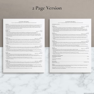 May include: A two-page resume template with the name Zachary Mitchell at the top of each page. The resume includes sections for profile, experience, professional development, education, and skills. The resume is formatted in a modern, clean style.