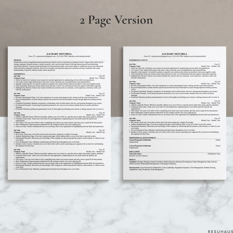 May include: A two-page resume template with the name Zachary Mitchell at the top of each page. The resume includes sections for profile, experience, professional development, education, and skills. The resume is formatted in a modern, clean style.
