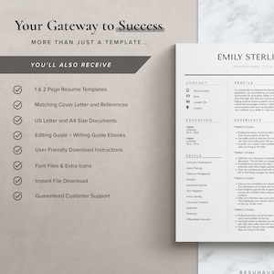 Może przedstawiać: Szablon CV z listą funkcji, w tym szablony CV 1 i 2-stronicowe, dopasowane listy motywacyjne i referencje, dokumenty w formacie listu amerykańskiego i A4, przewodnik po edycji i przewodnik po pisaniu w formacie ebook, łatwe w użyciu instrukcje pobierania, pliki czcionek i dodatkowe ikony, natychmiastowe pobieranie plik&oacute;w i gwarantowane wsparcie klienta. Szablon zawiera r&oacute;wnież przykładowe CV z sekcjami informacji kontaktowych, edukacji, umiejętności i doświadczenia.
