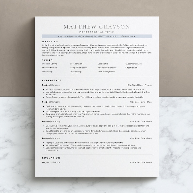 May include: A black and white resume template with the title "Matthew Grayson" and the heading "Professional Title". The resume includes sections for "Overview", "Skills", "Experience", and "Education".