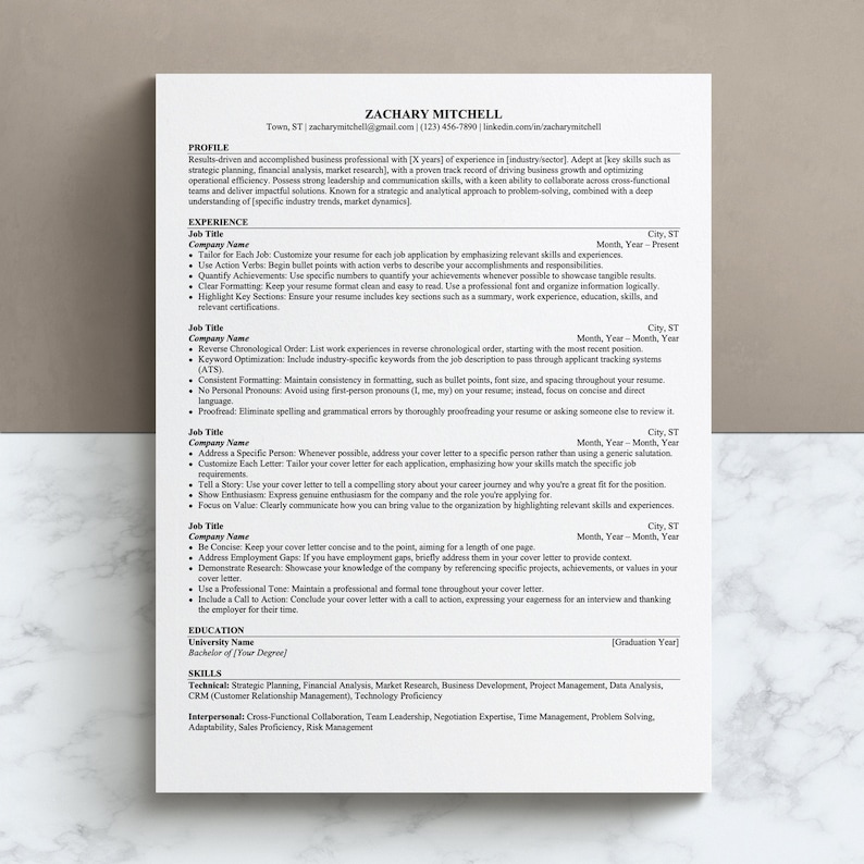 May include: A resume template with a professional design. The template includes sections for profile, experience, education, and skills. The resume is formatted to be easy to read and includes key sections such as a summary, work experience, education, skills, and relevant certifications.