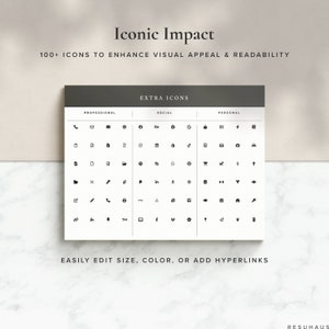 Op de afbeelding: Een zwart-witte afbeelding met meer dan 100 pictogrammen voor professioneel, sociaal en persoonlijk gebruik. De tekst "Iconic Impact" en "100+ ICONS TO ENHANCE VISUAL APPEAL & READABILITY" staat bovenaan de afbeelding. De tekst "EXTRA ICONS" staat bovenaan de tabel. De tekst "EASILY EDIT SIZE, COLOR, OR ADD HYPERLINKS" staat onderaan de afbeelding.