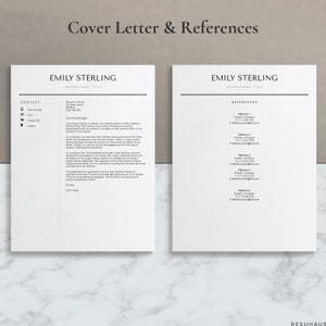 Może przedstawiać: Czarno-biały szablon CV z listem motywacyjnym po lewej stronie i sekcją referencji po prawej stronie. Szablon jest przeznaczony dla Emily Sterling, kt&oacute;ra aplikuje o stanowisko zawodowe. List motywacyjny zawiera sekcję kontaktową z numerem telefonu, adresem e-mail, adresem URL LinkedIn i lokalizacją. Sekcja referencji zawiera listę pięciu referencji z ich imionami, stanowiskami, firmami, numerami telefon&oacute;w i adresami e-mail.